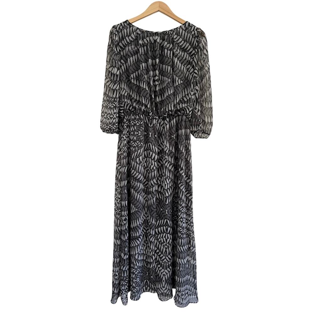Coldwater Creek Gray White Blouson Sleeve Maxi Sheer Dress Size 12 Boho Event